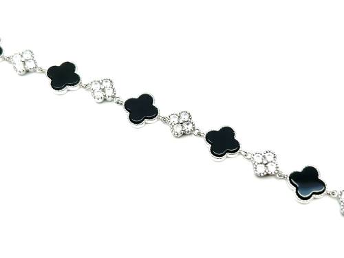 Silver Black Onyx & CZ Clover Bracelet