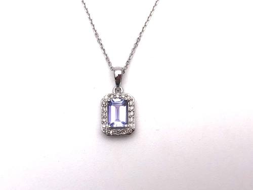 9ct White Gold Tanzanite & Diamond Pendant & Chain