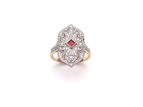 9ct Yellow Gold Ornate Ruby & Diamond Cluster Ring