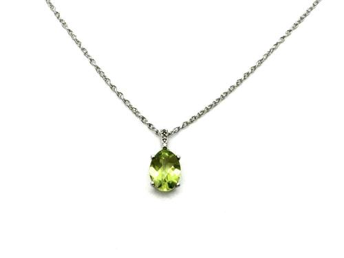 9ct White Gold Peridot & Diamond Pendant & Chain