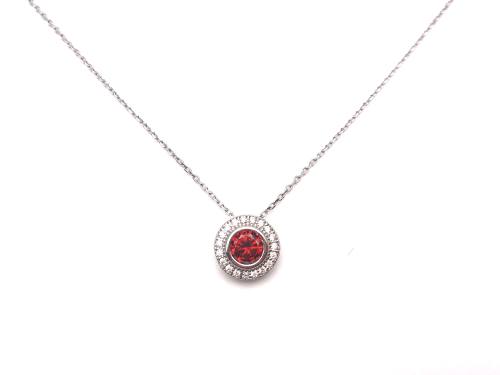 Silver Red CZ Halo Cluster Pendant & Chain