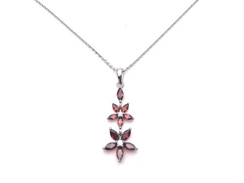 Silver Red CZ Double Flower Pendant & Chain