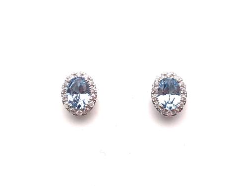 Silver Light Blue CZ Halo Cluster Stud Earrings