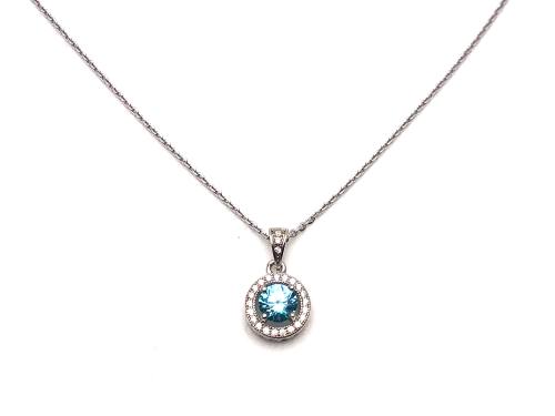 Silver Light Blue CZ Halo Cluster Pendant & Chain