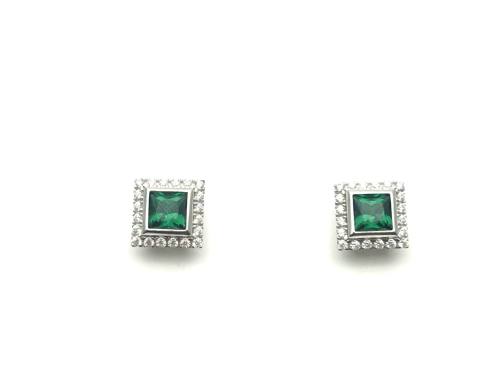 Silver Bezel Set Green & Clear CZ Stone Earrings