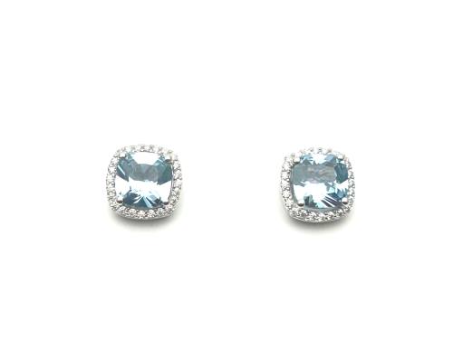 Silver Blue & Clear CZ Square Pillow Studs