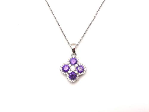 Silver Purple CZ Clover Cluster Pendant & Chain