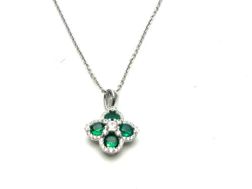 Silver Green & Clear CZ Clover Pendant & Chain