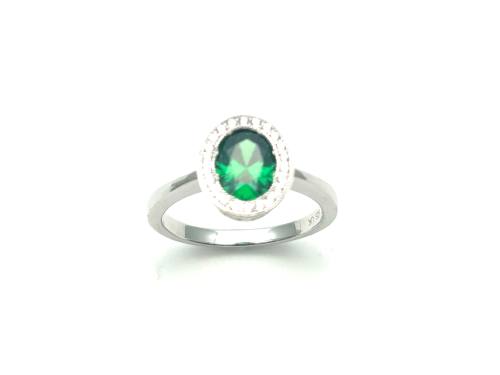 Silver Green & Clear CZ Oval Halo Ring Size N