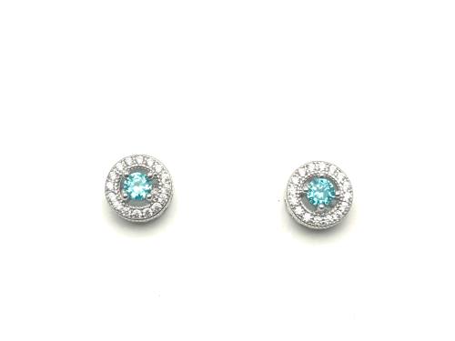 Silver Light Blue CZ Halo Cluster Stud Earrings