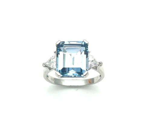 Silver Light Blue & Clear CZ 3 Stone Ring