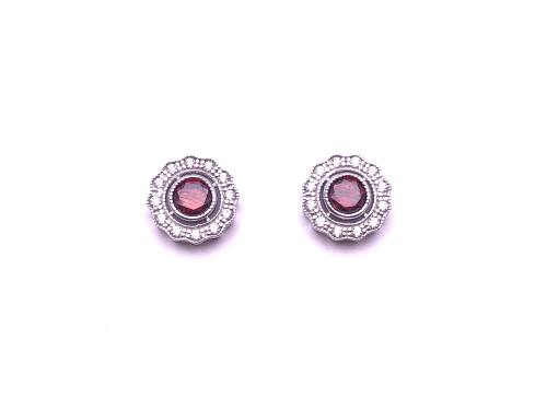 Silver Red CZ Cluster Stud Earrings