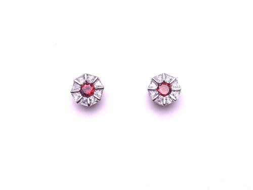 Silver Red & Clear CZ Cluster Stud Earrings