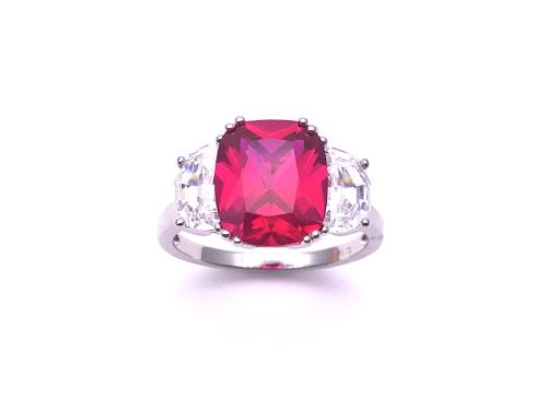 Silver Red & Clear CZ 3 Stone Ring