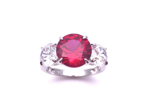 Silver Red & Clear CZ 3 Stone Ring