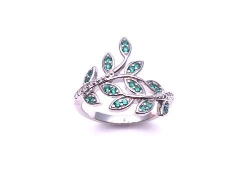 Silver Green & Clear CZ Leaf Design Ring