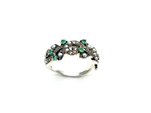 Silver Emerald Pearl & Marcasite Ring