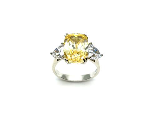 Silver Canary Yellow & White CZ 3 Stone Ring