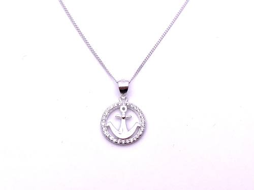 Silver Anchor CZ Circle Pendant & Chain 18 Inch