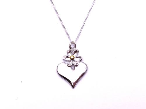 Silver Heart & Flower Pendant & Chain 18 Inch