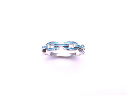 Silver Blue Enamel Chain Link Ring Size Q