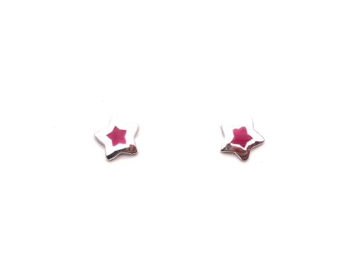 Silver Pink Enamel Star Earrings 7x7mm