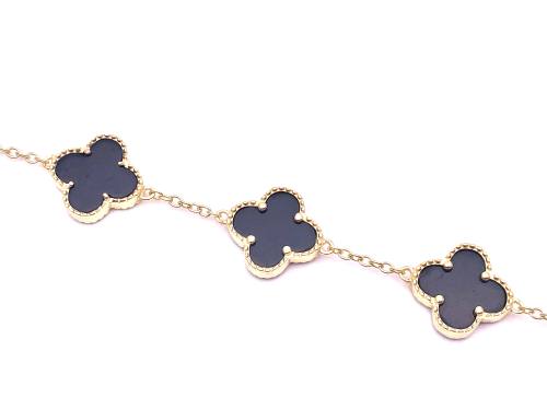 Gold Plated Black 5 Clover Bracelet 6.5 to 7.5 in