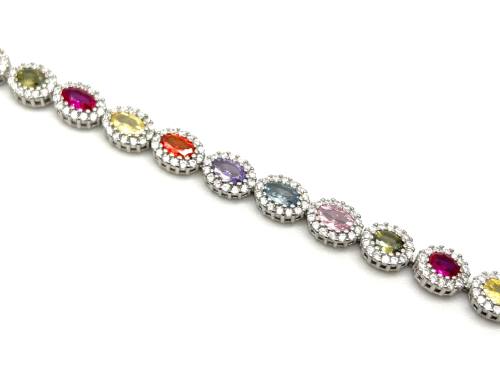 Silver Multi Colour CZ Oval Cluster Bracelet