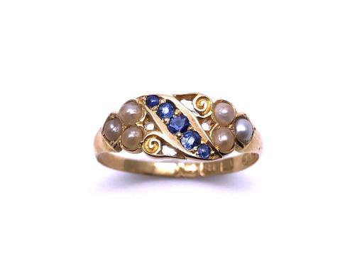 An Old 18ct Sapphire & Pearl Cluster Style Ring