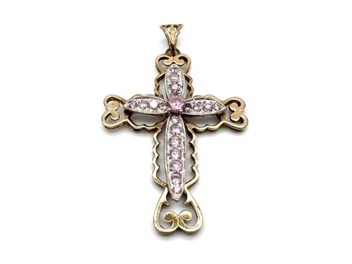 9ct Yellow Gold Pink CZ Cross Pendant