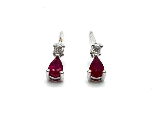 9ct White Gold Ruby & Diamond Drop Earrings