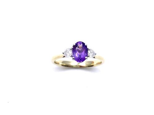 9ct Yellow Gold Amethyst & Diamond 3 Stone Ring