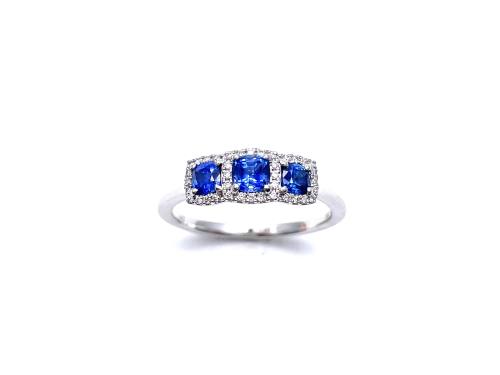 Platinum Sapphire & Diamond 3 Stone Halo Ring