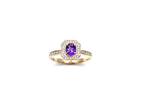 9ct Yellow Gold Amethyst & Diamond Halo Ring