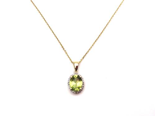 9ct Peridot & Diamond Cluster Pendant & Chain