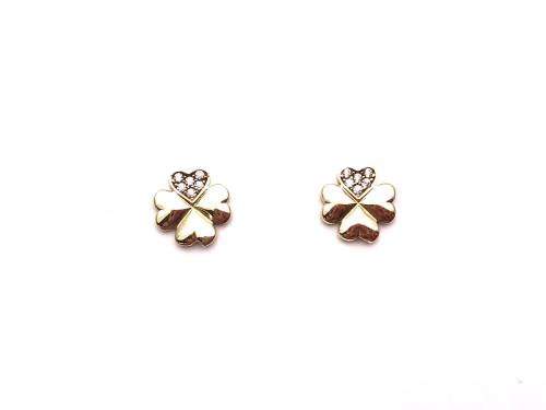 9ct Yellow Gold CZ Four Leaf Clover Stud Earrings