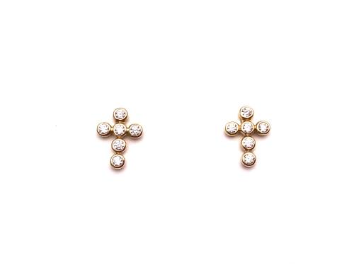 9ct Yellow Gold Rubover CZ Cross Stud Earrings