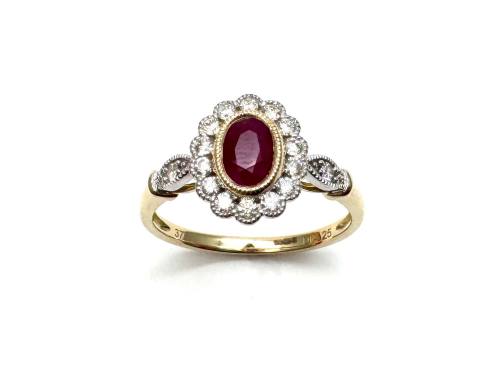 9ct Yellow Gold Ruby & Diamond Halo Ring