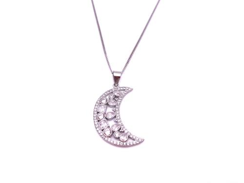 Silver CZ Crescent Moon Pendant & Chain