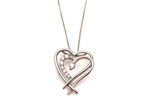 9ct White Gold CZ Heart Pendant & Chain