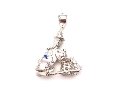 Silver Moveable CZ Witch Pendant 40 x 20mm