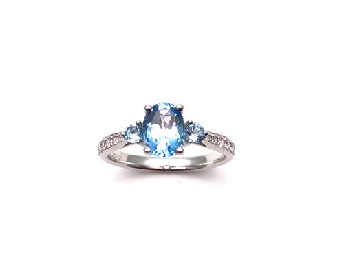 Silver Blue Topaz & CZ 3 Stone Ring