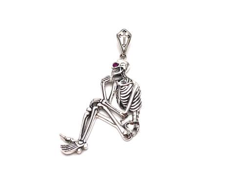 Silver CZ Eyes Thinking Skeleton Pendant