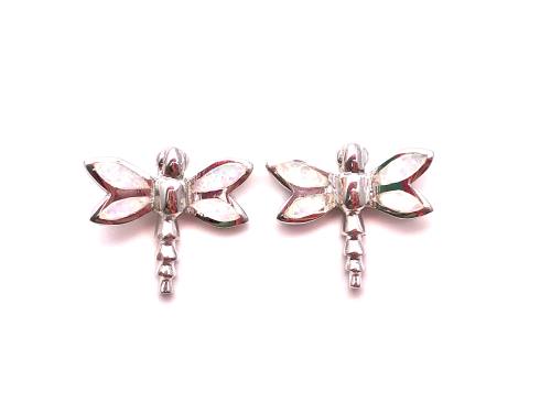 Silver White Opalique Dragonfly Earring Studs