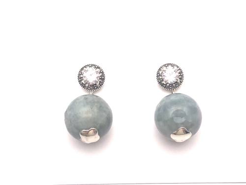 Silver Marcasite Jade & CZ Ball Drop Earrings