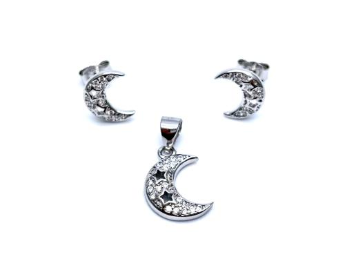 Silver CZ Moon Pendant & Stud Earrings Set