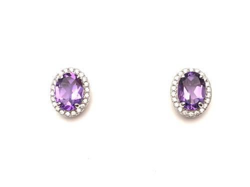 Silver Amethyst & CZ Cluster Stud Earrings