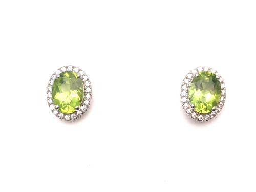 Silver Peridot & CZ Cluster Stud Earrings