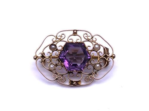 An Old Amethyst & Pearl Brooch