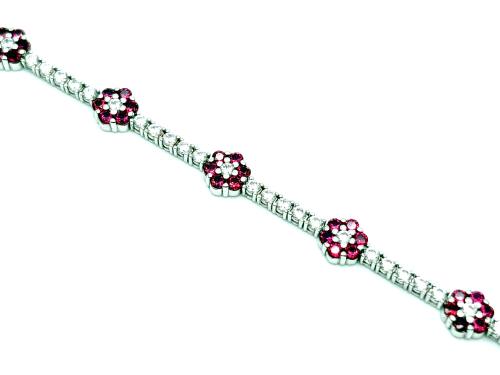 Silver Red & White CZ Flower Cluster Bracelet